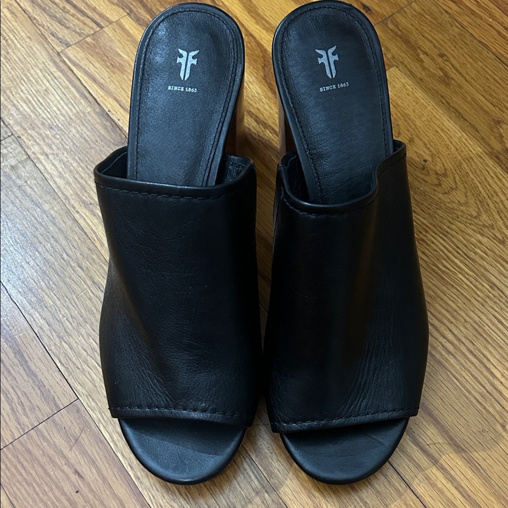 Frye Black Leather Mules with Wooden Heel - Picture 2 of 10